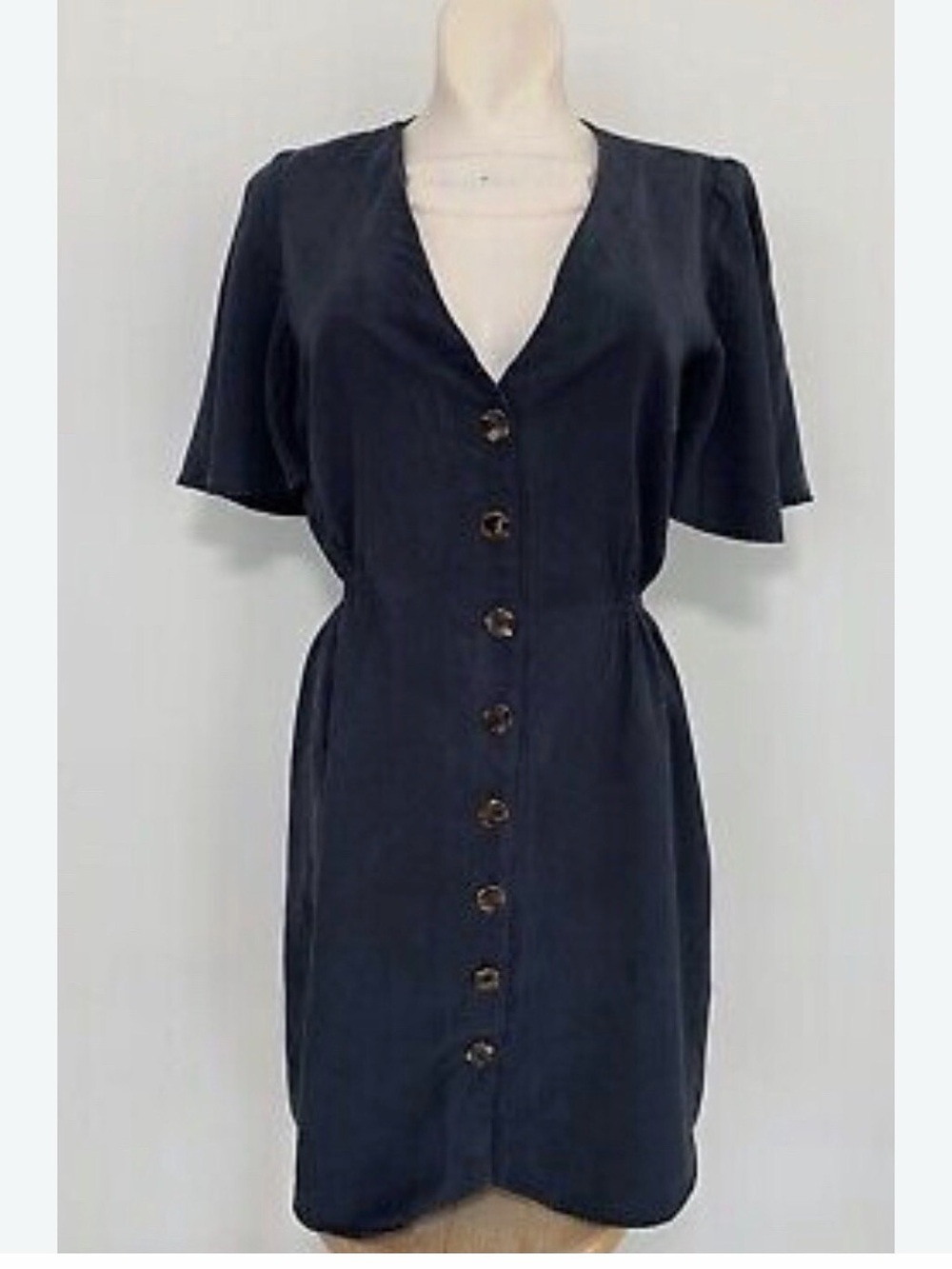 Zara V-Neck Button-Front Short Sleeve Dress - Black